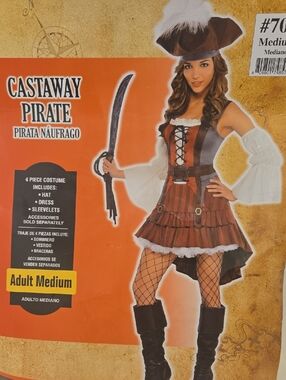 Castaway Pirate Costume in Brown and White with Feathered Tricorn